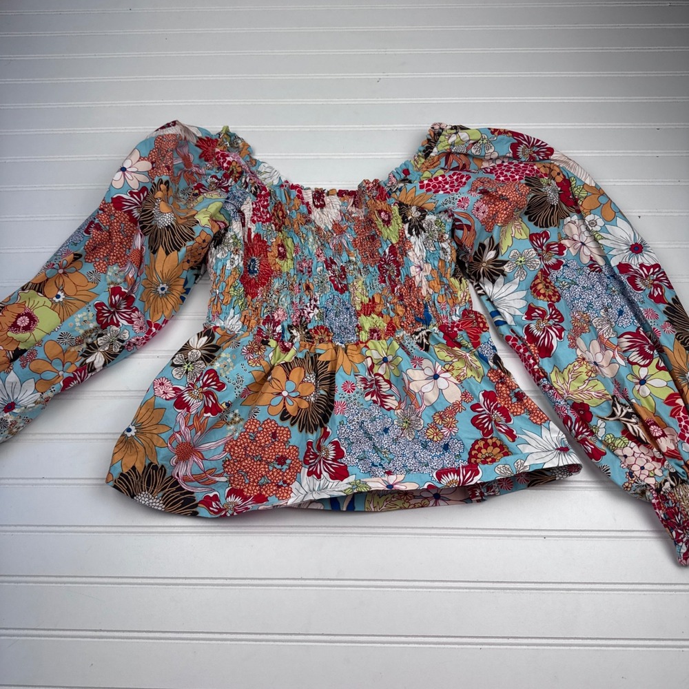 Listicle Women's Large Ruffle Puff Sleeve Floral Shirt Anthropolgie Cotton
